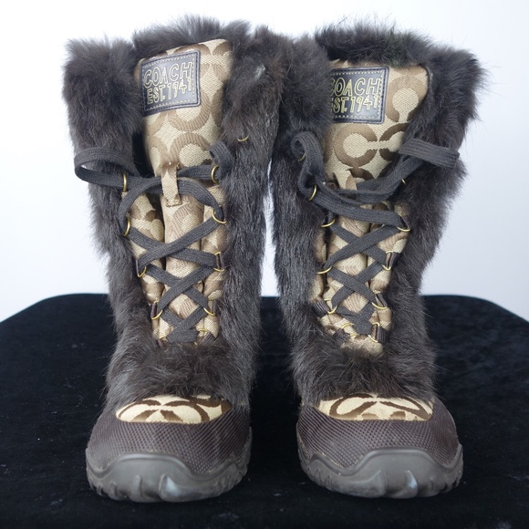 Coach Jennie Monogram Tan & Brown Lace-Up Faux Rabbit Fur Boots, Size 8.5 B - Picture 1 of 16